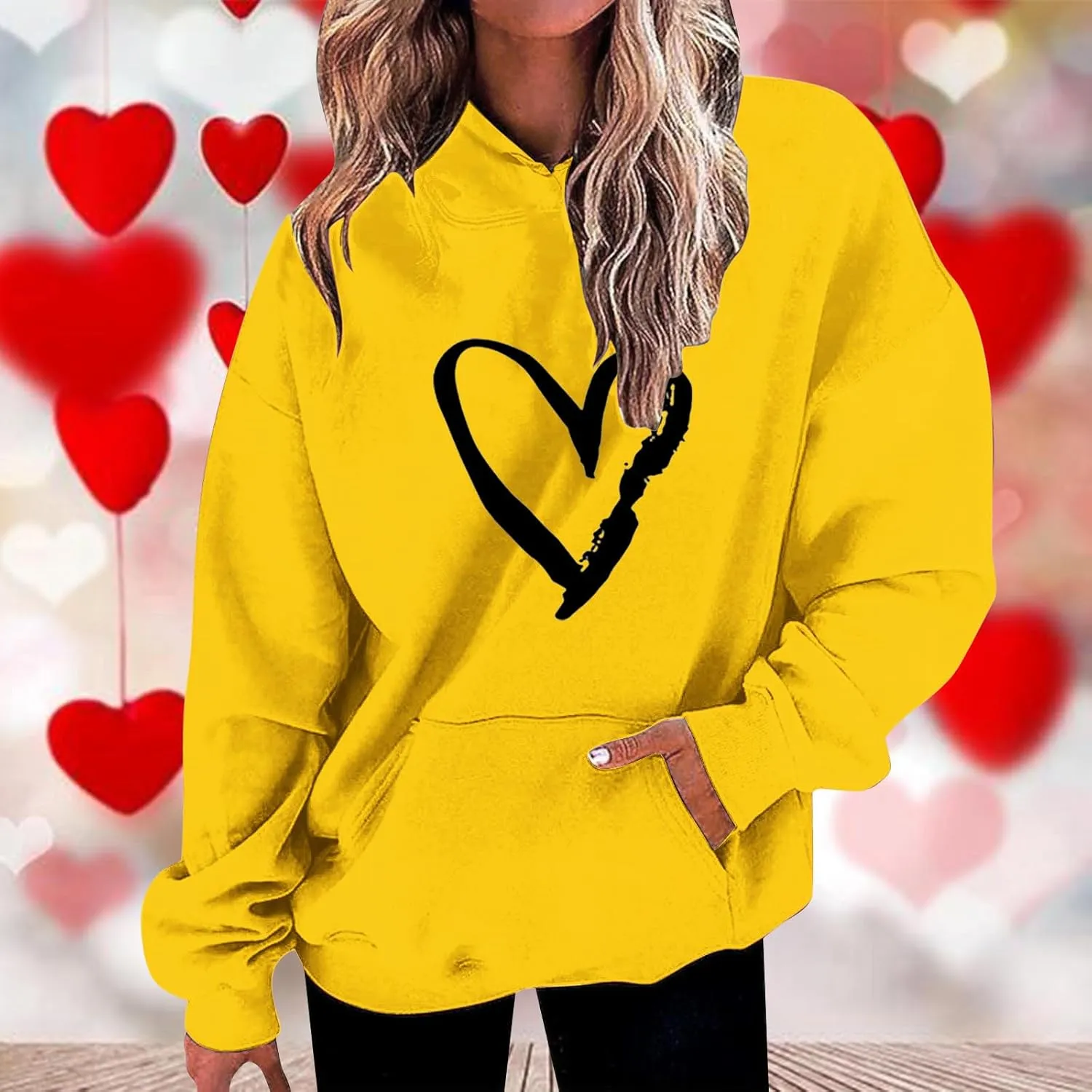 Valentines Hoodies For Women Dressy Casual 2025 Love Heart Print Oversized Fleece Hooded Pullover Sweatshirts