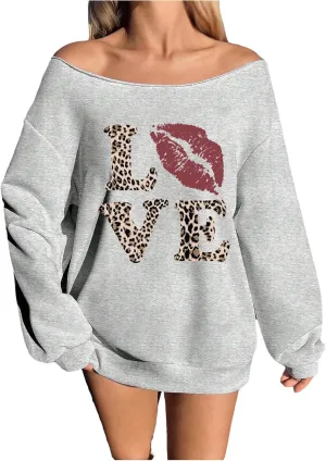 Verdusa Women's Oversized Tshirts Off The Shoulder Tops Letter Graphic Long Sleeve Pullovers