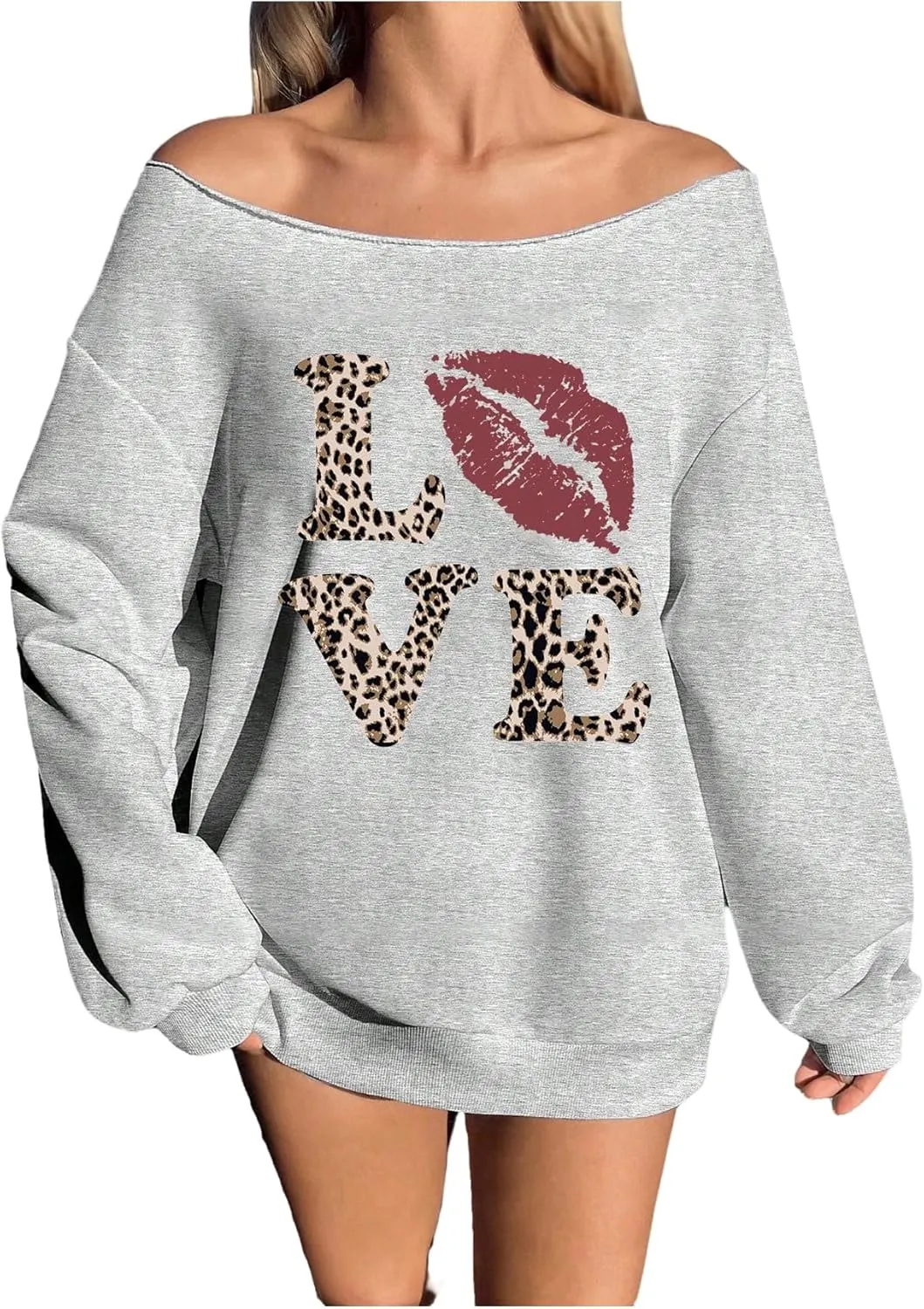 Verdusa Women's Oversized Tshirts Off The Shoulder Tops Letter Graphic Long Sleeve Pullovers
