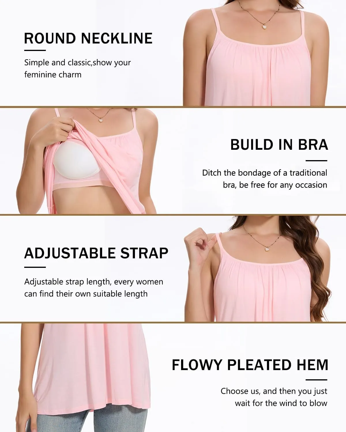 Vislivin Camisole for Women with Built in Bra Flowy Loose Fit Tanks Plead Cami with Adjustable Strap
