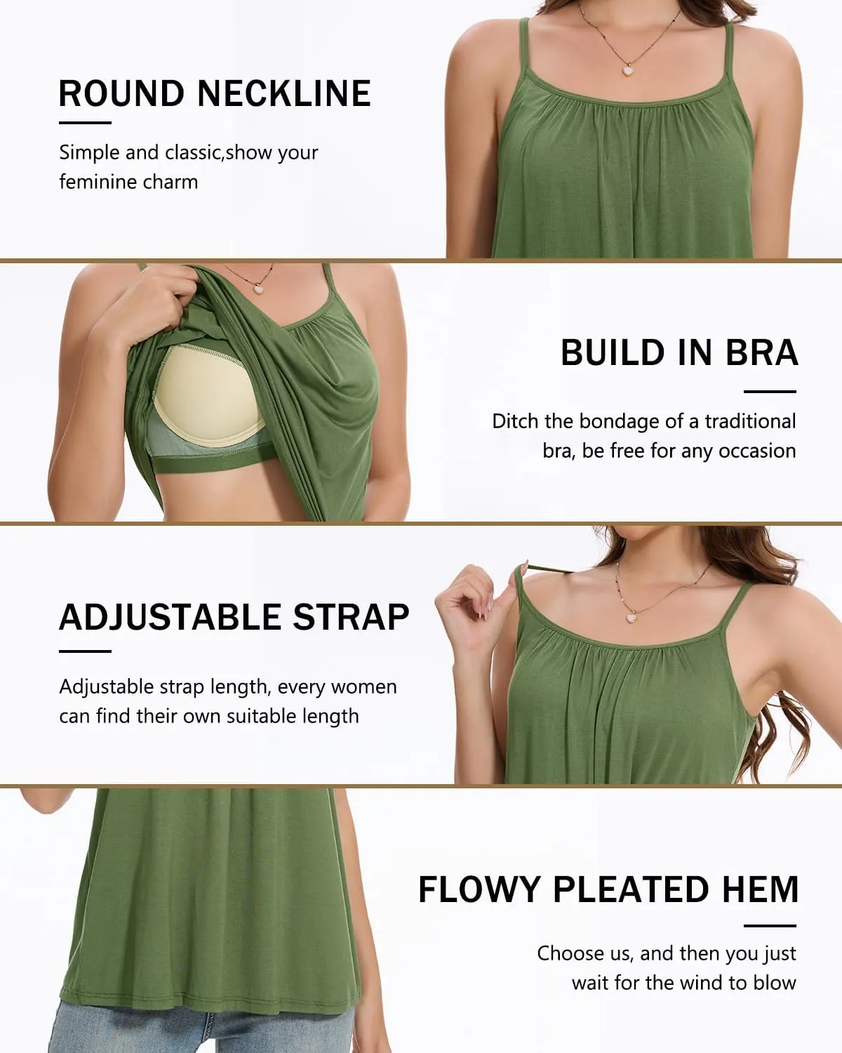 Vislivin Camisole for Women with Built in Bra Flowy Loose Fit Tanks Plead Cami with Adjustable Strap