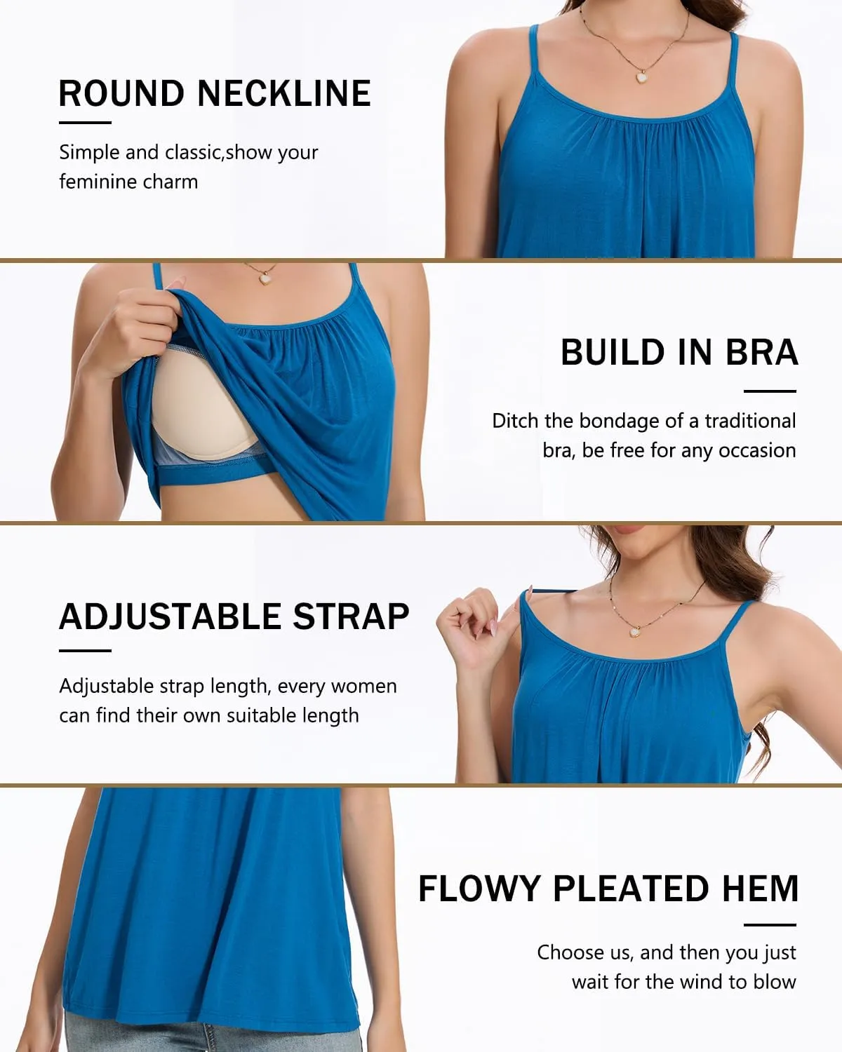 Vislivin Camisole for Women with Built in Bra Flowy Loose Fit Tanks Plead Cami with Adjustable Strap
