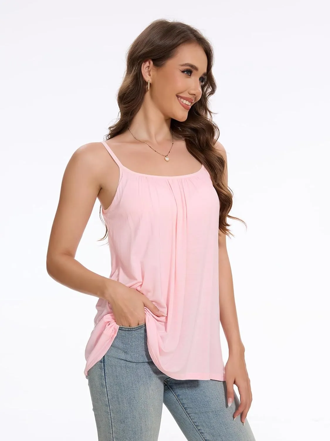 Vislivin Camisole for Women with Built in Bra Flowy Loose Fit Tanks Plead Cami with Adjustable Strap
