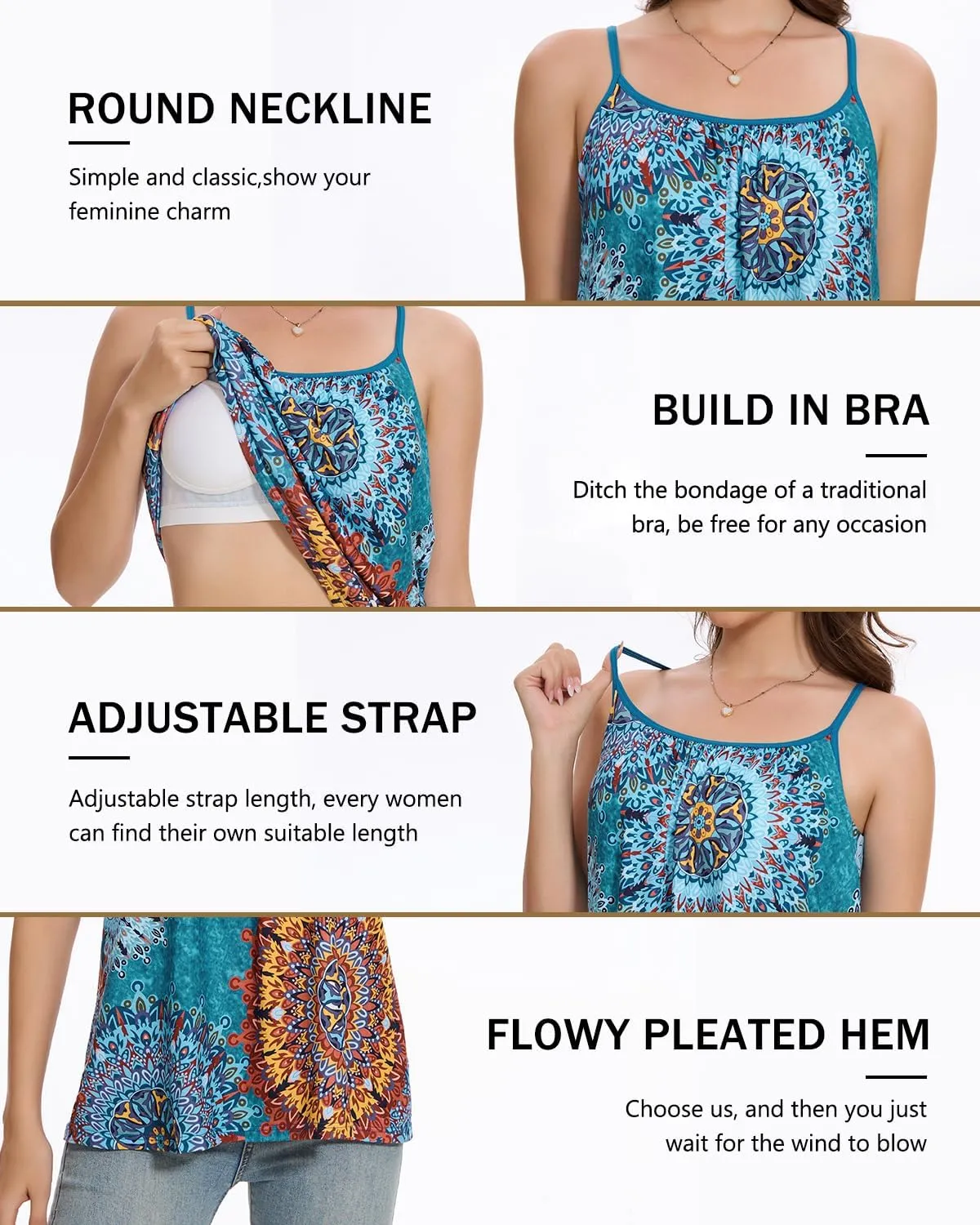 Vislivin Camisole for Women with Built in Bra Flowy Loose Fit Tanks Plead Cami with Adjustable Strap