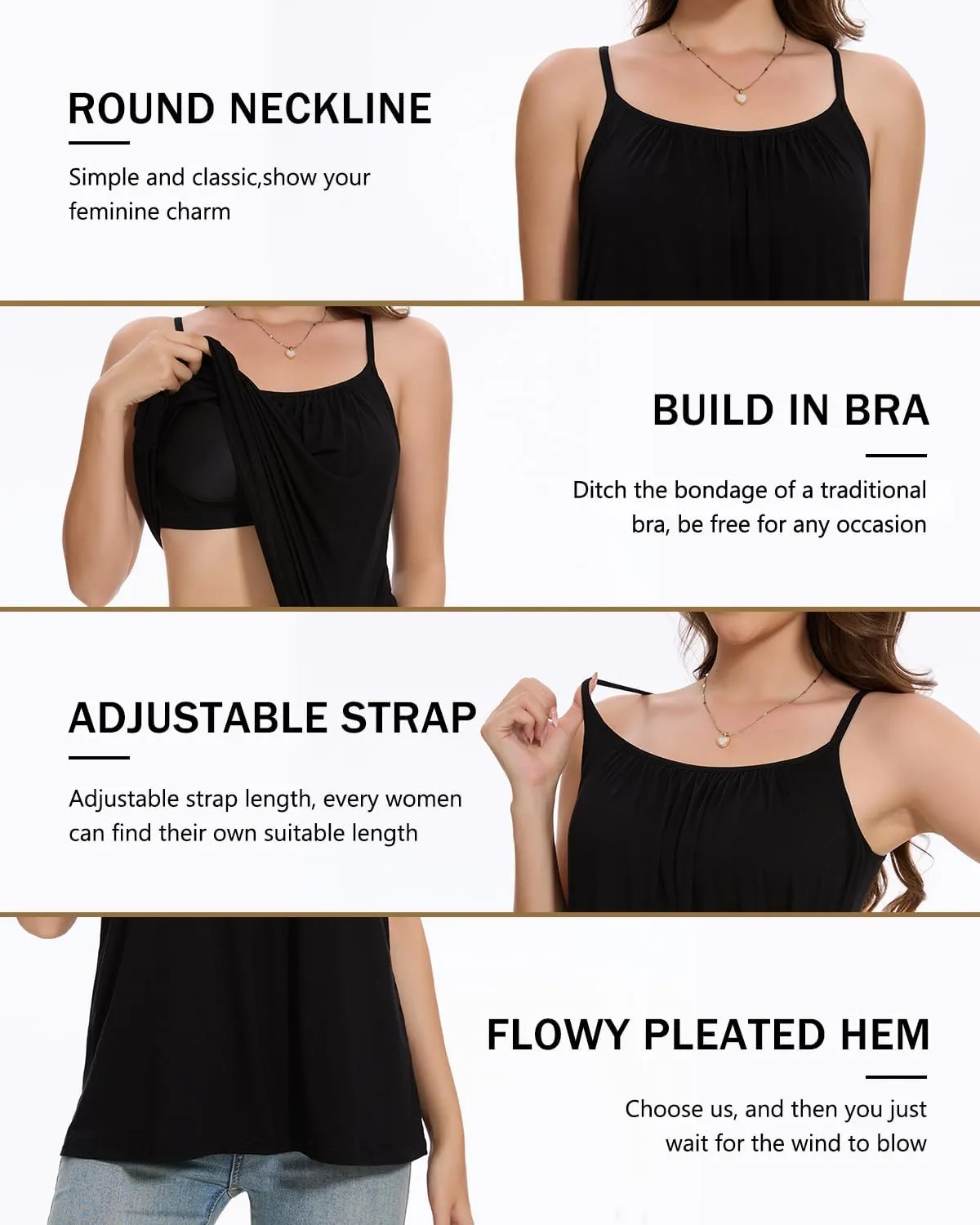 Vislivin Camisole for Women with Built in Bra Flowy Loose Fit Tanks Plead Cami with Adjustable Strap