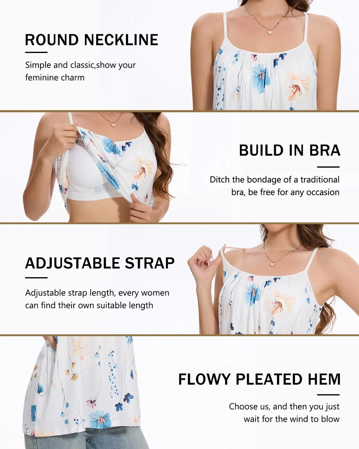 Vislivin Camisole for Women with Built in Bra Flowy Loose Fit Tanks Plead Cami with Adjustable Strap