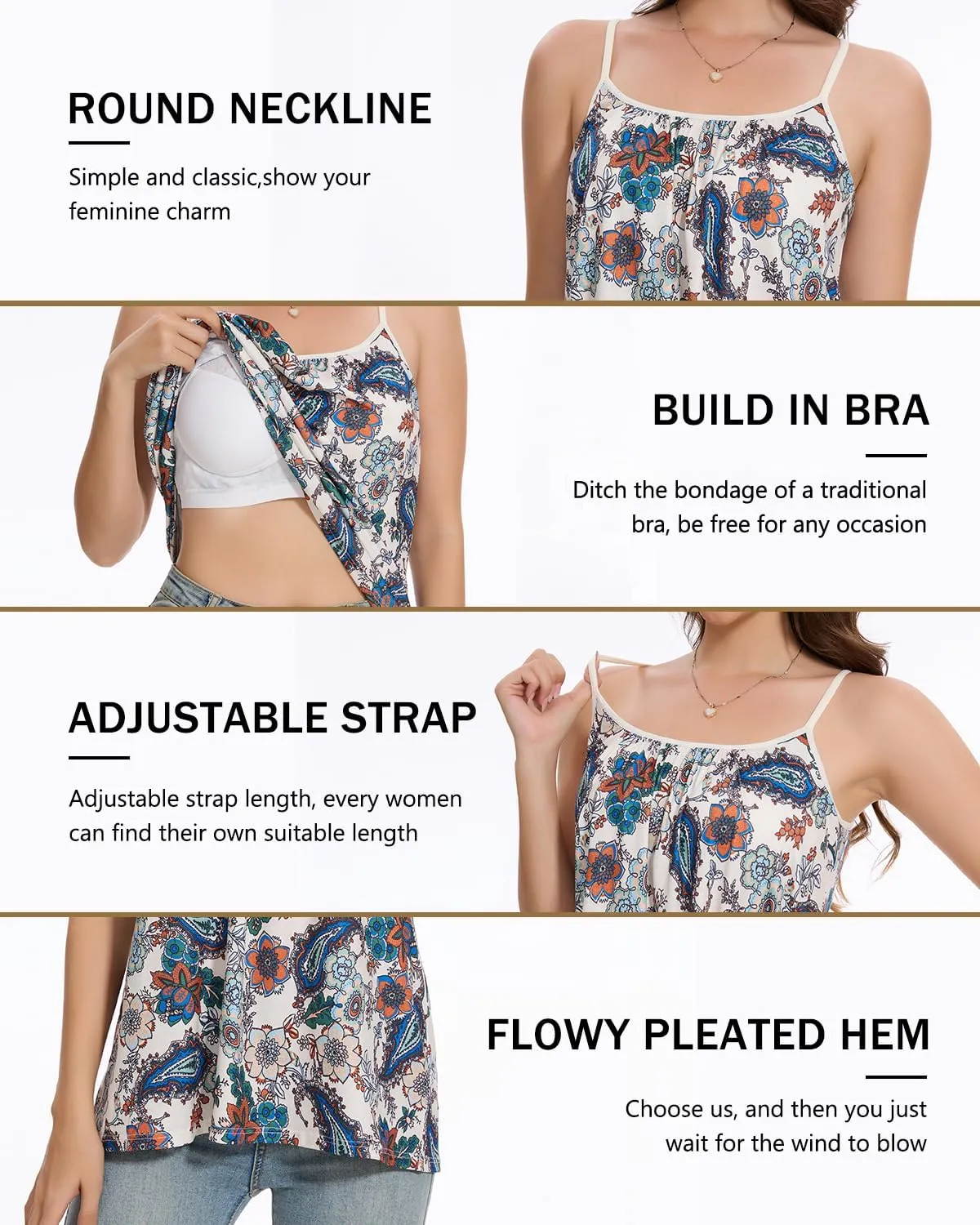 Vislivin Camisole for Women with Built in Bra Flowy Loose Fit Tanks Plead Cami with Adjustable Strap