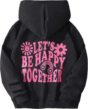 WDIRARA Girl's Cartoon Letter Graphic Print Hoodie Long Sleeve Sweatshirt Pullovers