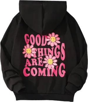 WDIRARA Girl's Cartoon Letter Graphic Print Hoodie Long Sleeve Sweatshirt Pullovers
