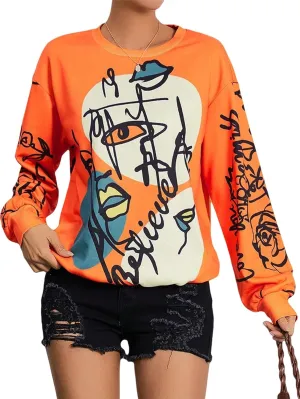 WDIRARA Women's Figure Graphic Print Sweatshirt Round Neck Long Sleeve Contrast Color Graffiti Pullovers
