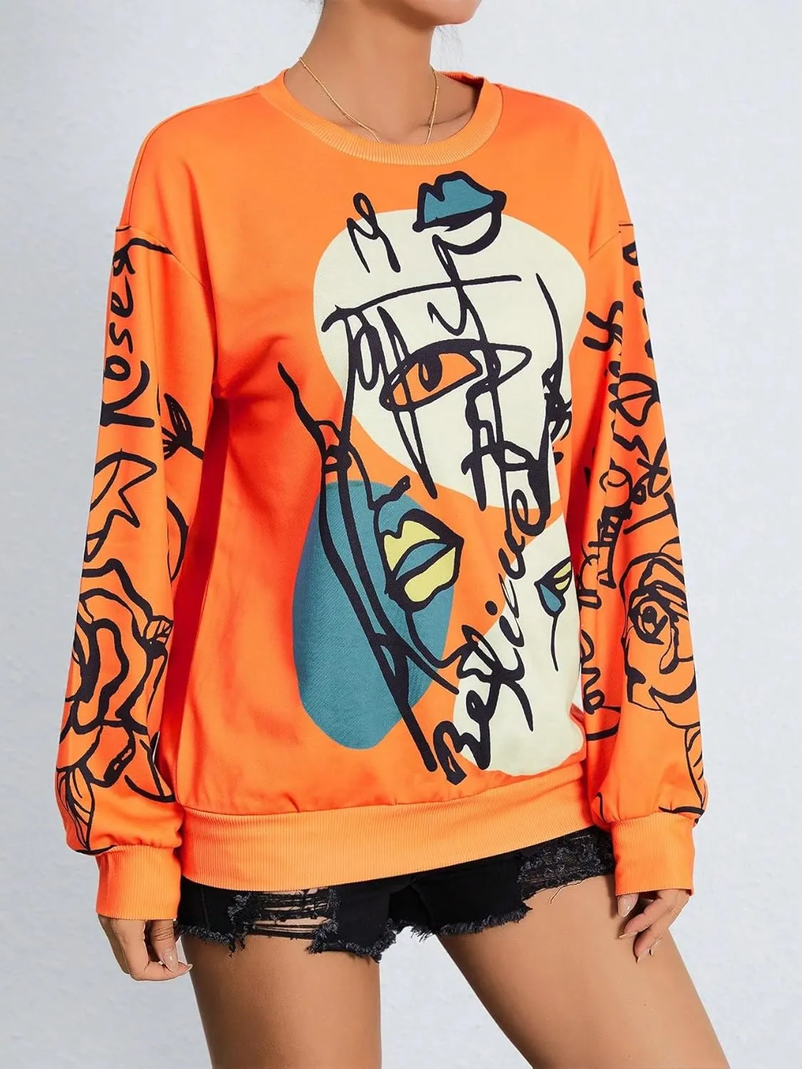 WDIRARA Women's Figure Graphic Print Sweatshirt Round Neck Long Sleeve Contrast Color Graffiti Pullovers