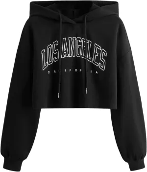 WDIRARA Women's Letter Graphic Drawstring Crop Hoodie Long Sleeve Sweatshirt Pullovers