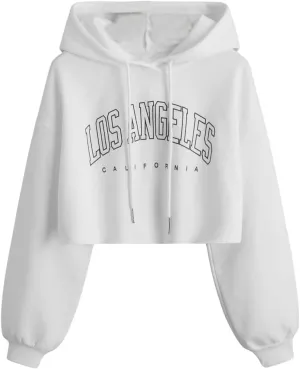 WDIRARA Women's Letter Graphic Drawstring Crop Hoodie Long Sleeve Sweatshirt Pullovers