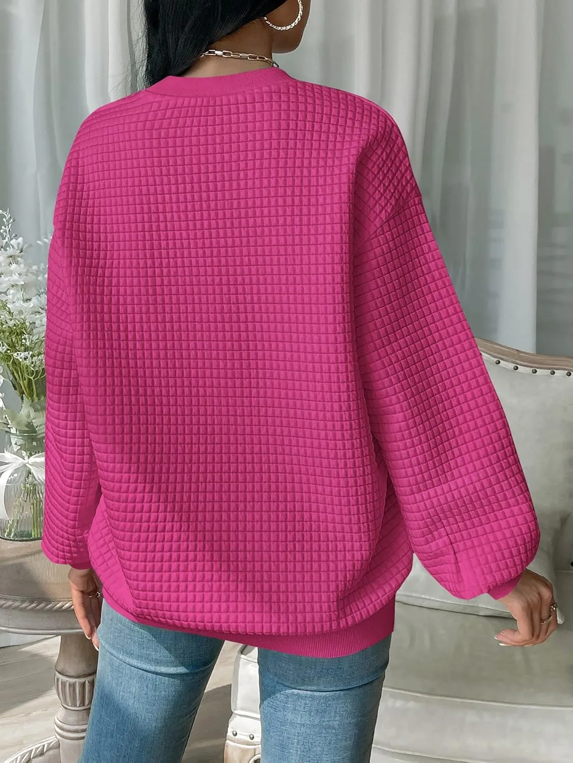 WDIRARA Women's Oversized Waffle Sweatshirt Crewneck Long Sleeve Pullovers