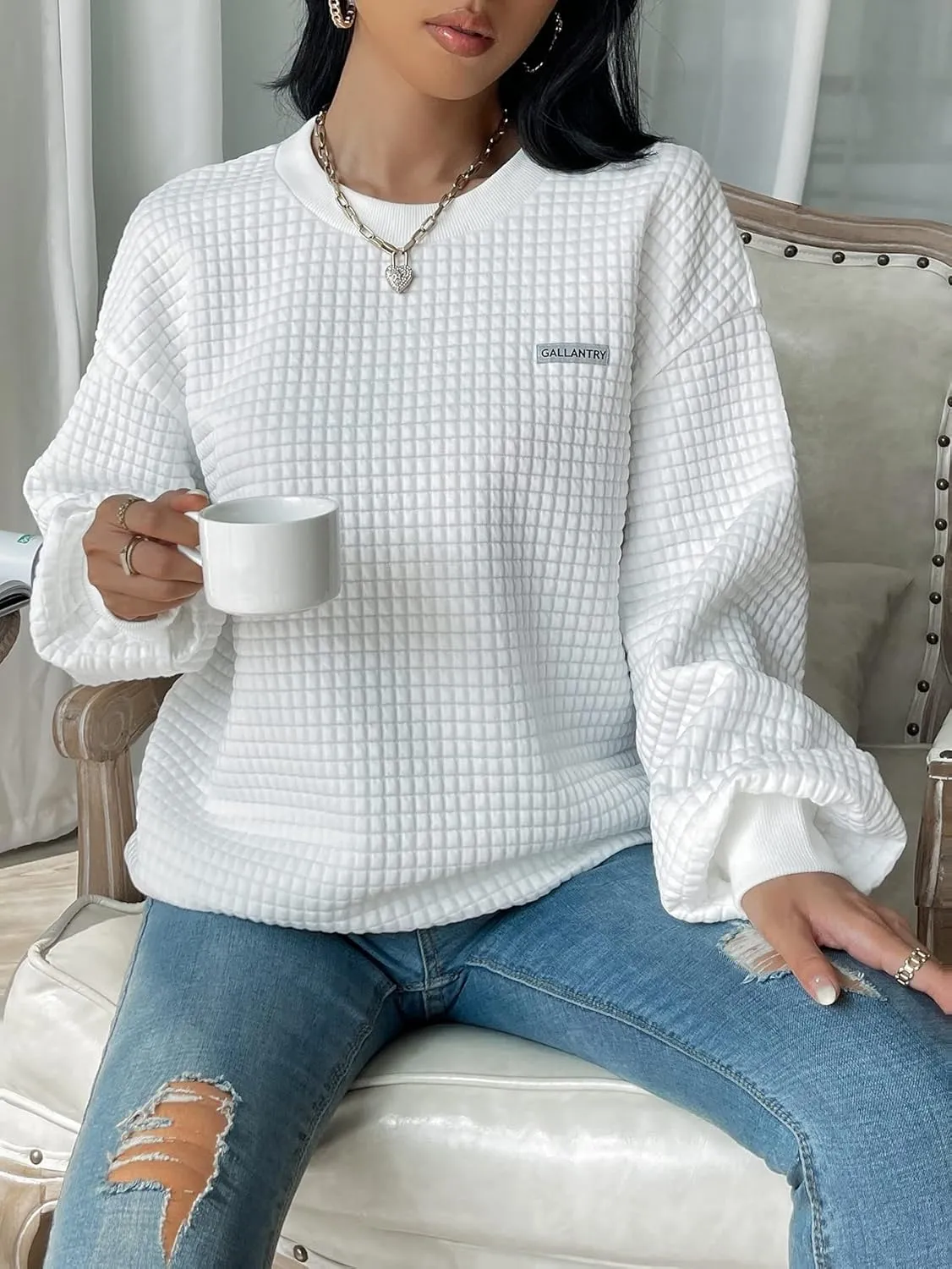 WDIRARA Women's Oversized Waffle Sweatshirt Crewneck Long Sleeve Pullovers