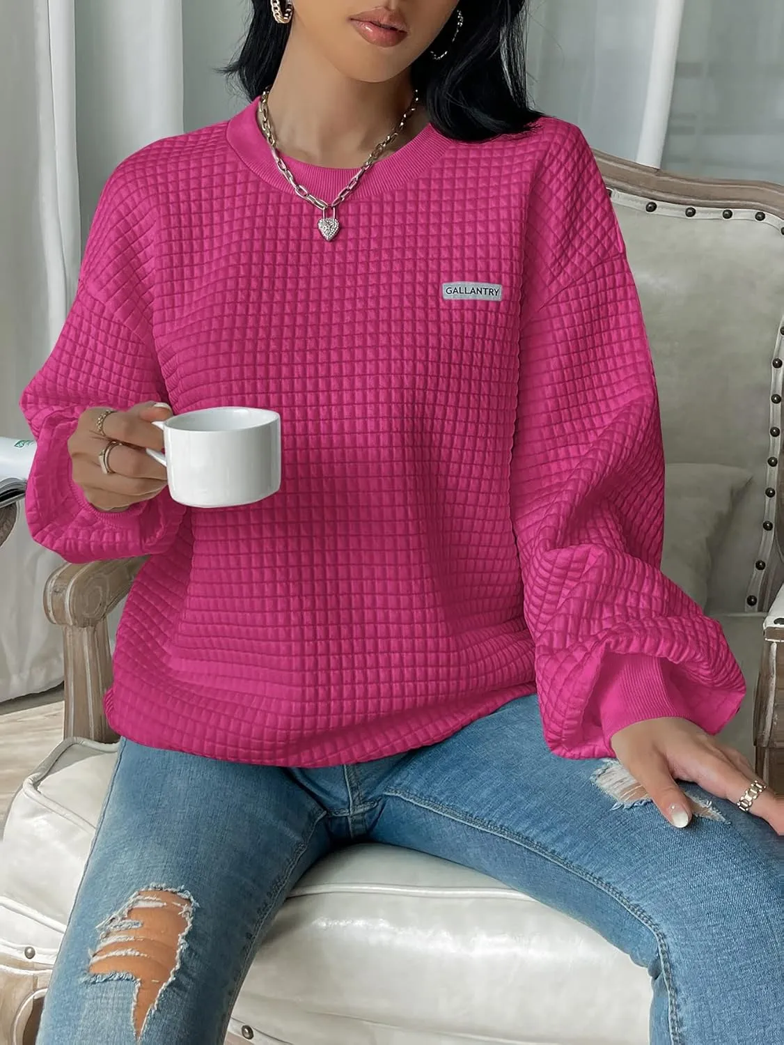 WDIRARA Women's Oversized Waffle Sweatshirt Crewneck Long Sleeve Pullovers