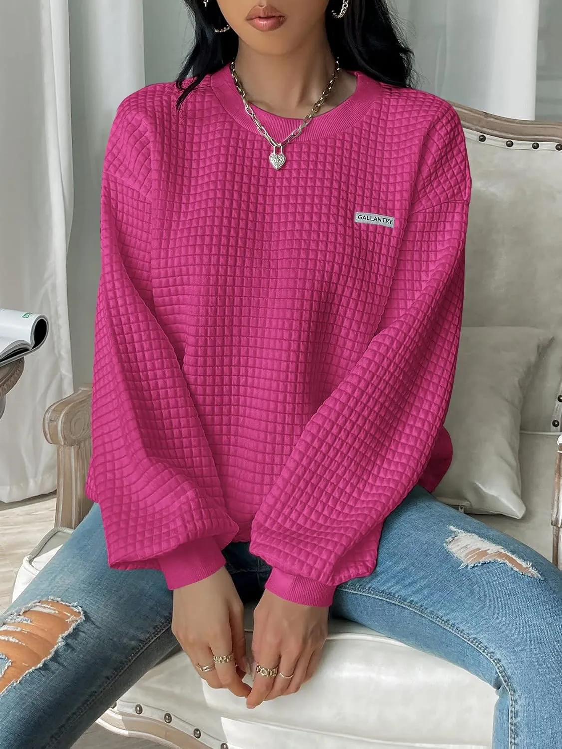 WDIRARA Women's Oversized Waffle Sweatshirt Crewneck Long Sleeve Pullovers