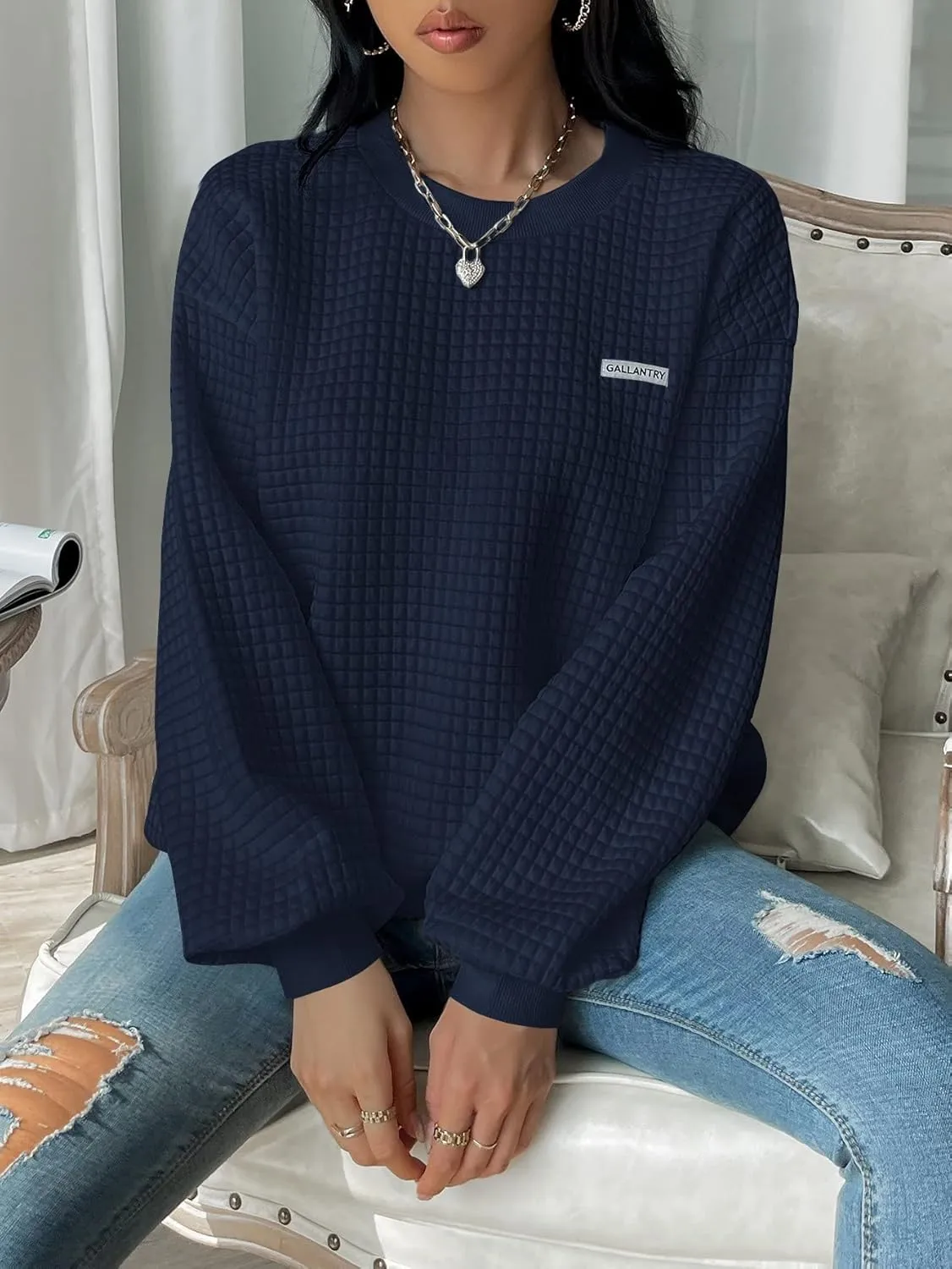 WDIRARA Women's Oversized Waffle Sweatshirt Crewneck Long Sleeve Pullovers