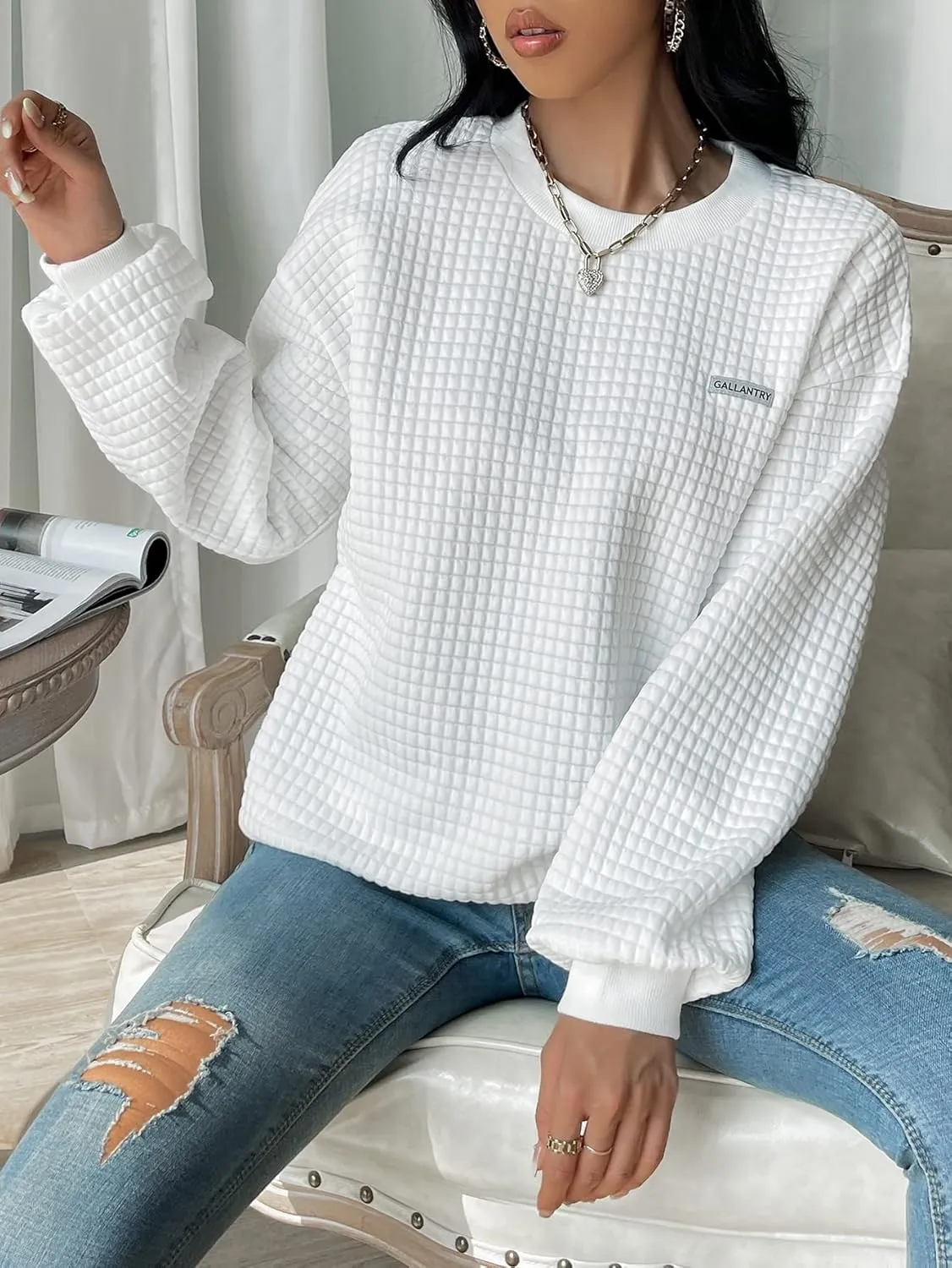 WDIRARA Women's Oversized Waffle Sweatshirt Crewneck Long Sleeve Pullovers
