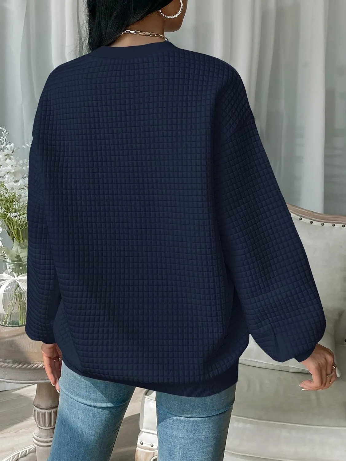 WDIRARA Women's Oversized Waffle Sweatshirt Crewneck Long Sleeve Pullovers