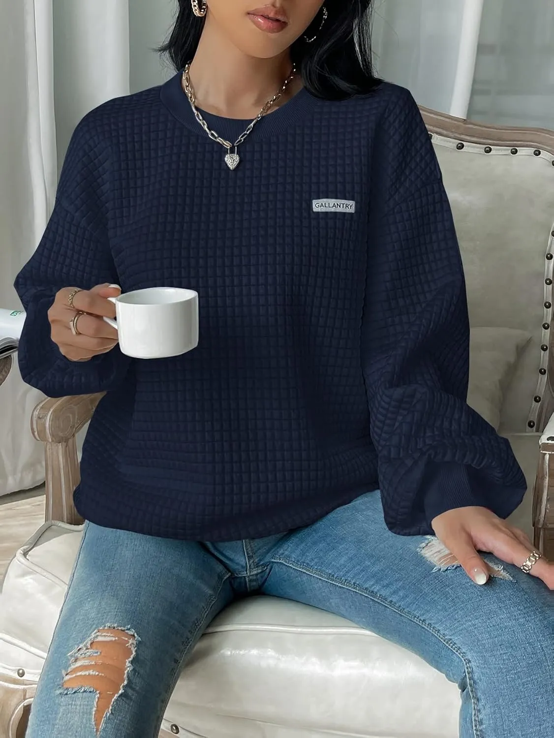 WDIRARA Women's Oversized Waffle Sweatshirt Crewneck Long Sleeve Pullovers