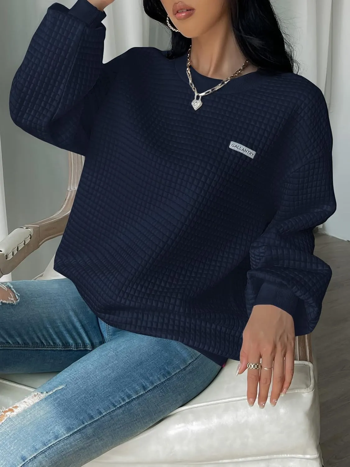 WDIRARA Women's Oversized Waffle Sweatshirt Crewneck Long Sleeve Pullovers