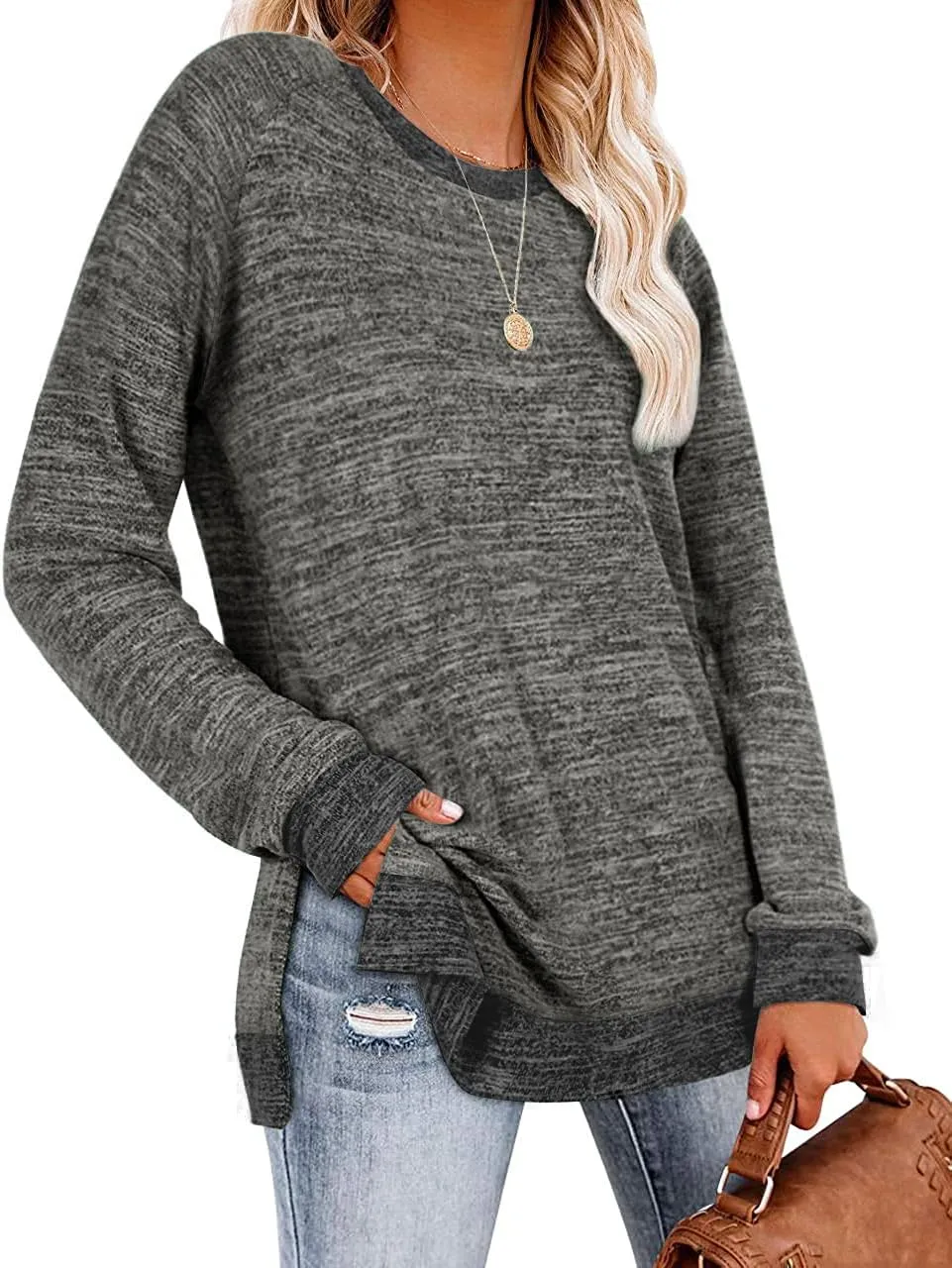 WELINCO Womens Crewneck Pullovers Color Block Long Sleeve Side Split Tunic Tops