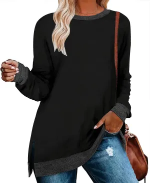 WELINCO Womens Crewneck Pullovers Color Block Long Sleeve Side Split Tunic Tops