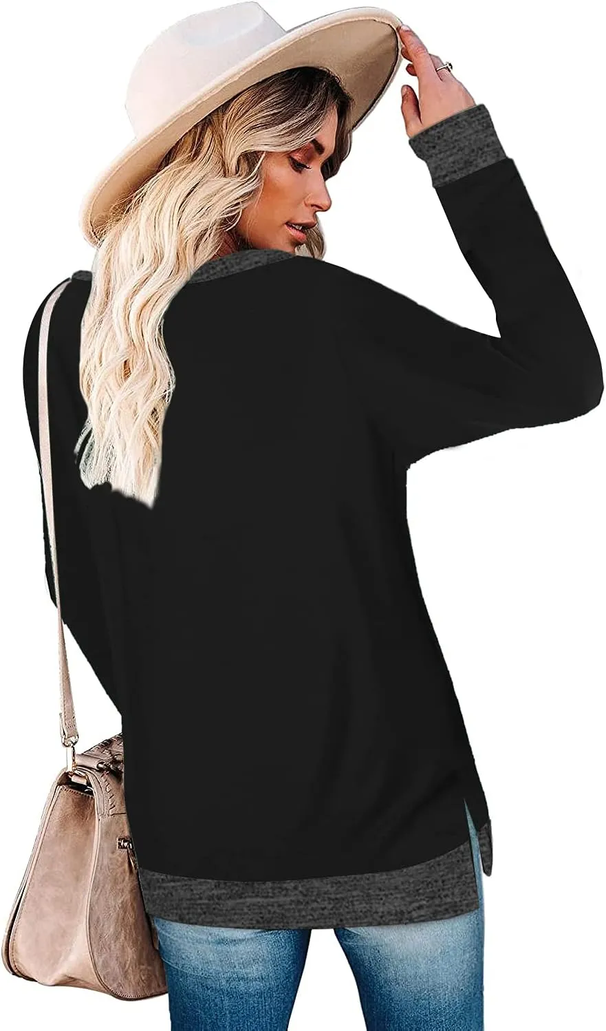 WELINCO Womens Crewneck Pullovers Color Block Long Sleeve Side Split Tunic Tops
