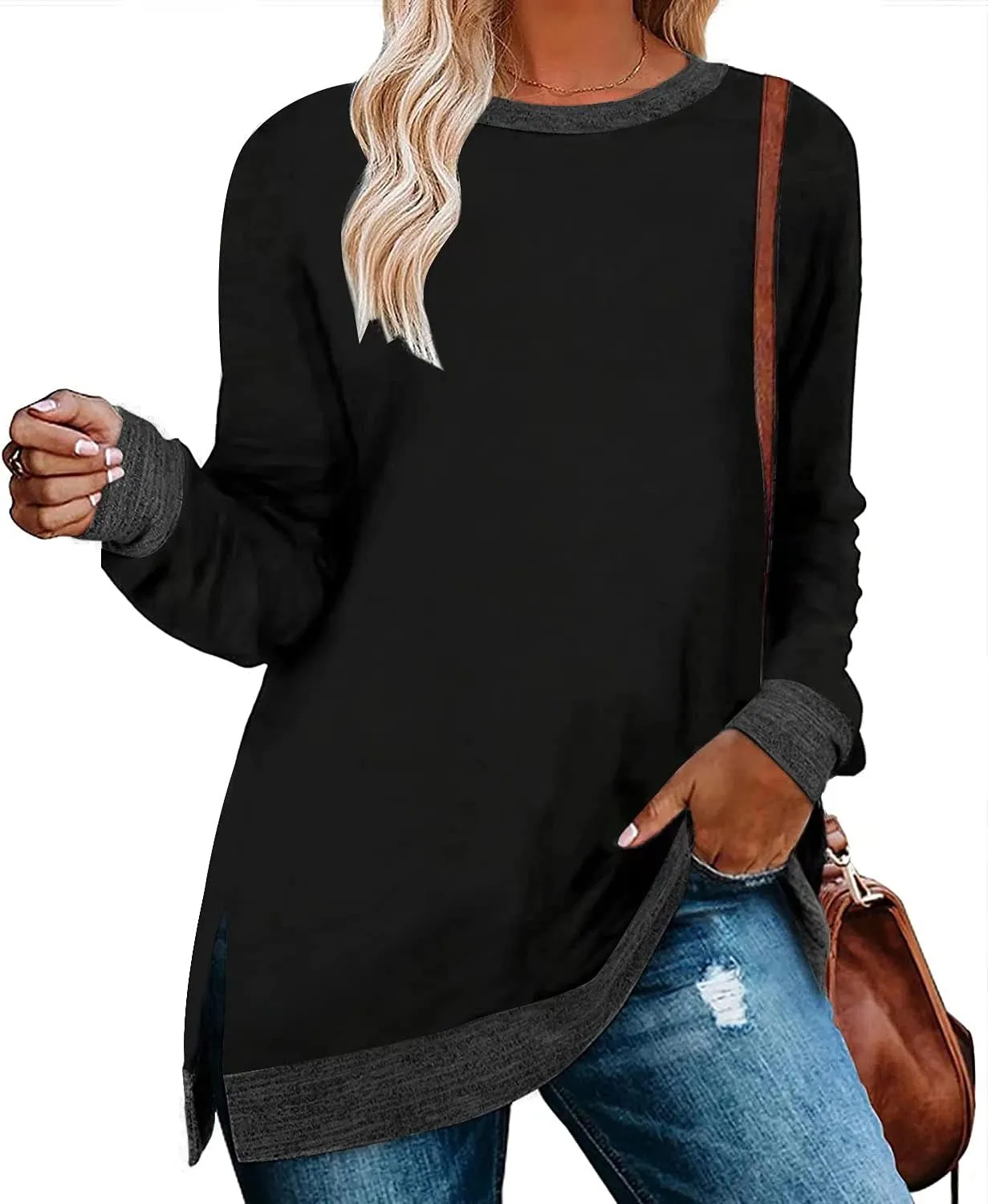 WELINCO Womens Crewneck Pullovers Color Block Long Sleeve Side Split Tunic Tops