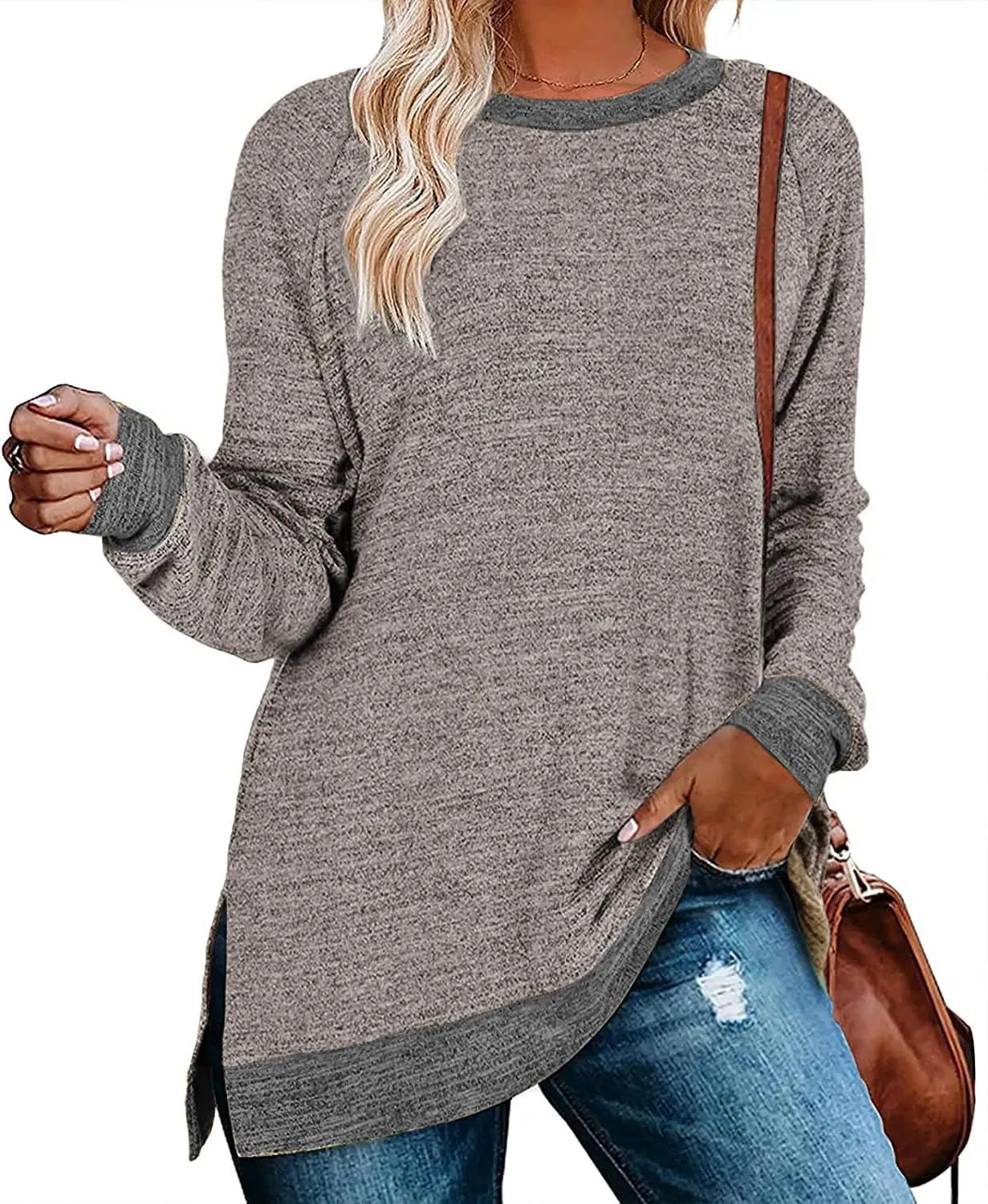 WELINCO Womens Crewneck Pullovers Color Block Long Sleeve Side Split Tunic Tops