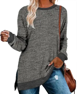 WELINCO Womens Crewneck Pullovers Color Block Long Sleeve Side Split Tunic Tops