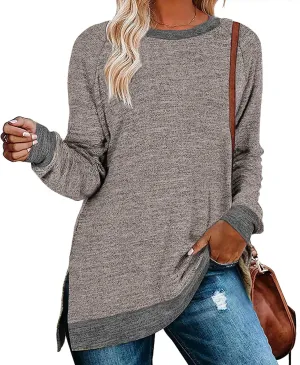 WELINCO Womens Crewneck Pullovers Color Block Long Sleeve Side Split Tunic Tops
