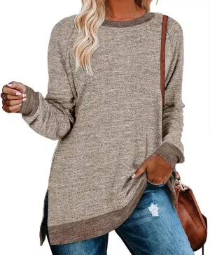 WELINCO Womens Crewneck Pullovers Color Block Long Sleeve Side Split Tunic Tops