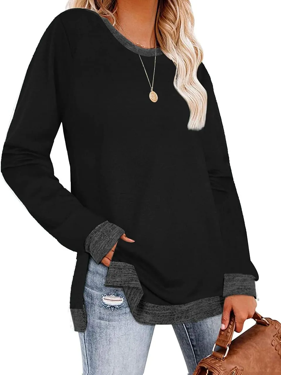 WELINCO Womens Crewneck Pullovers Color Block Long Sleeve Side Split Tunic Tops