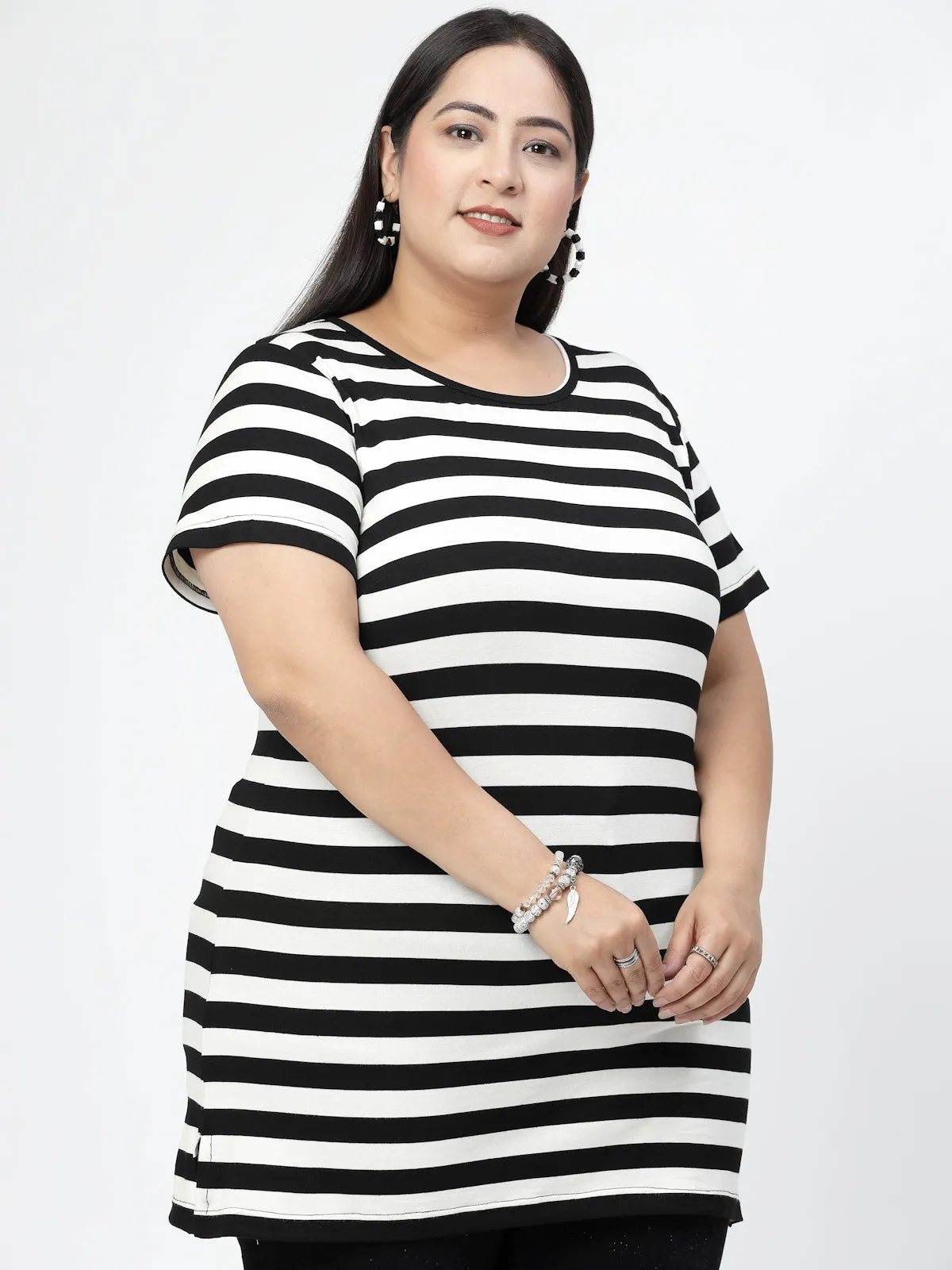 White Horizontal Striped Round Neck Pure Cotton Casual T-shirt