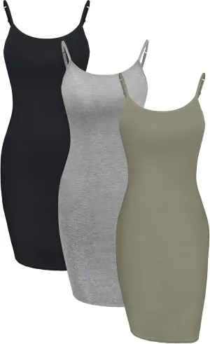WILLBOND 3 Pieces Basic Cami Women Long Tanks Dress with Strap, Solid Color