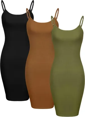 WILLBOND 3 Pieces Basic Cami Women Long Tanks Dress with Strap, Solid Color