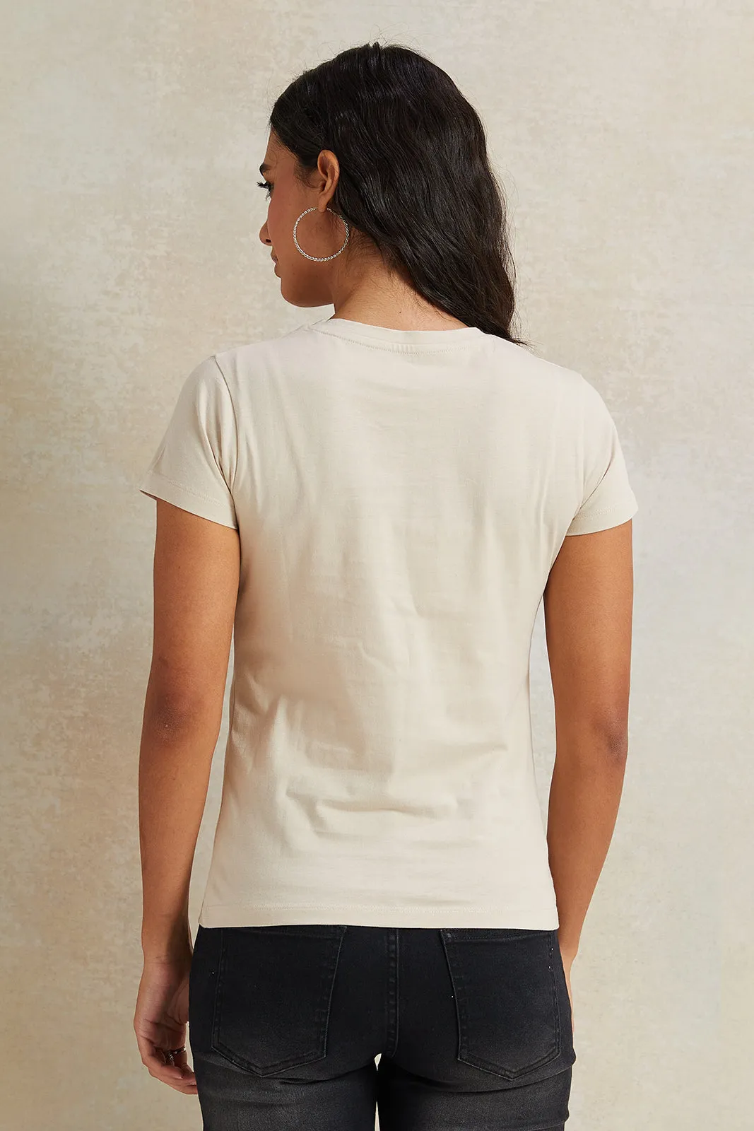 Women Beige Leaves Printed T-Shirt