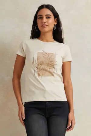 Women Beige Leaves Printed T-Shirt