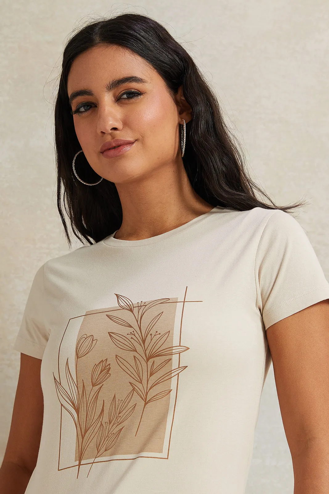 Women Beige Leaves Printed T-Shirt