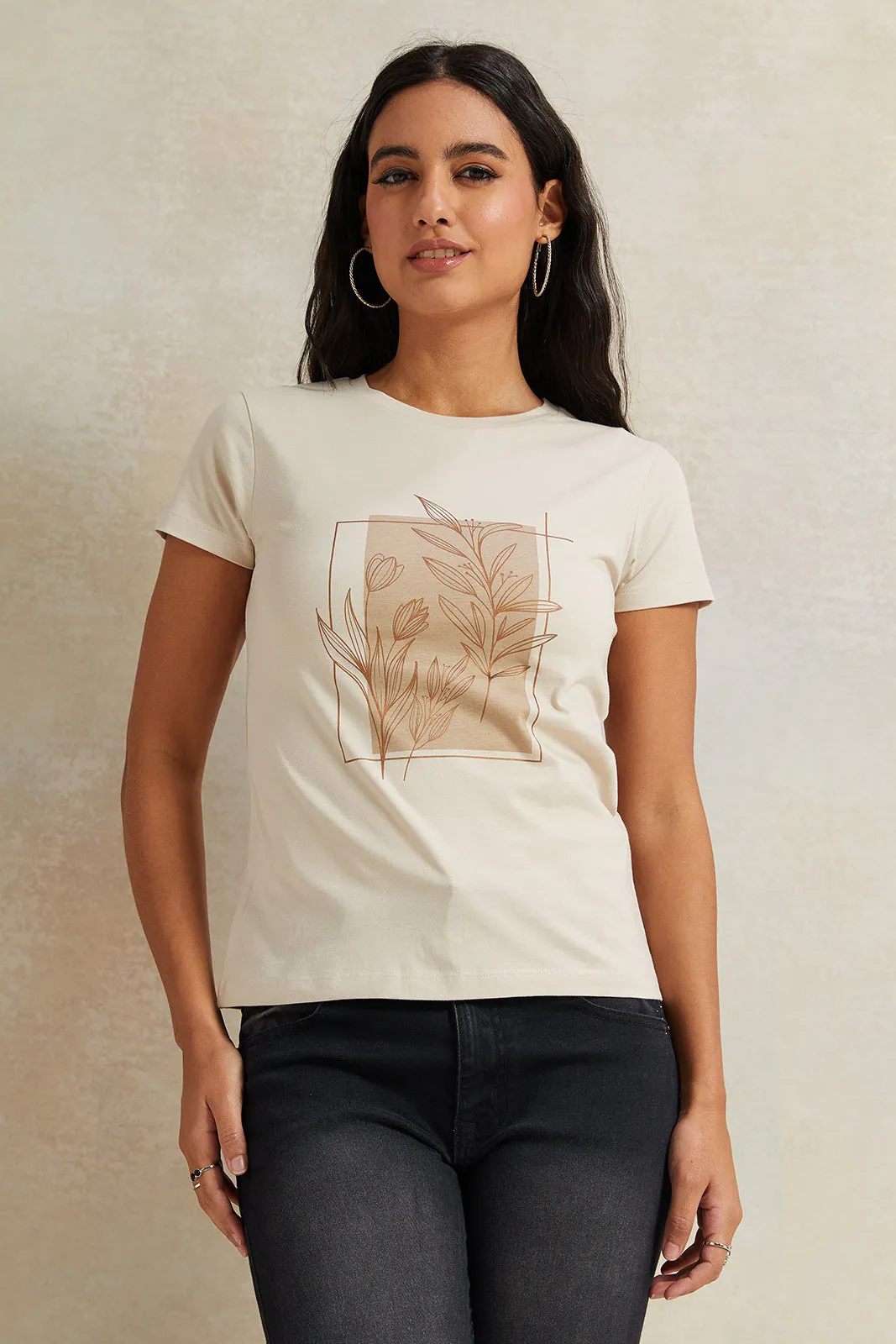 Women Beige Leaves Printed T-Shirt