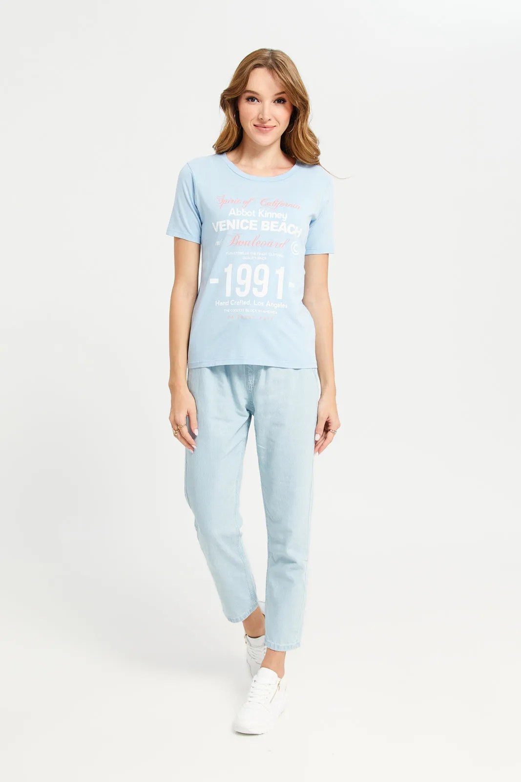 Women Blue Overdyed Printed T-Shirt