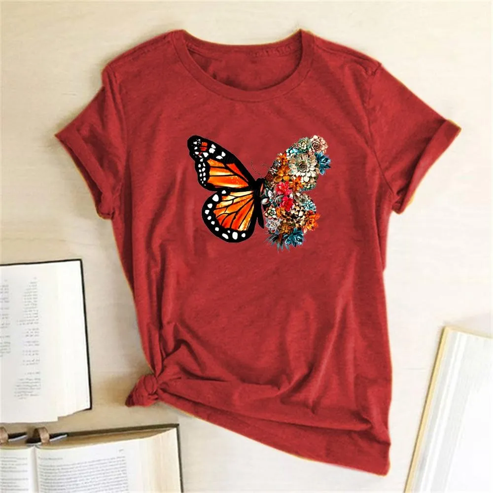 Women Butterfly Flowers Print Design T-Shirts