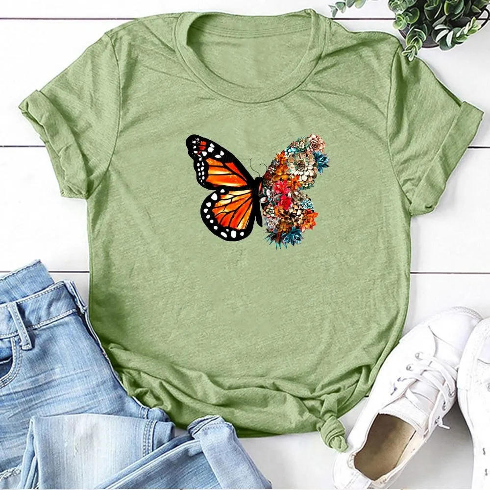 Women Butterfly Flowers Print Design T-Shirts