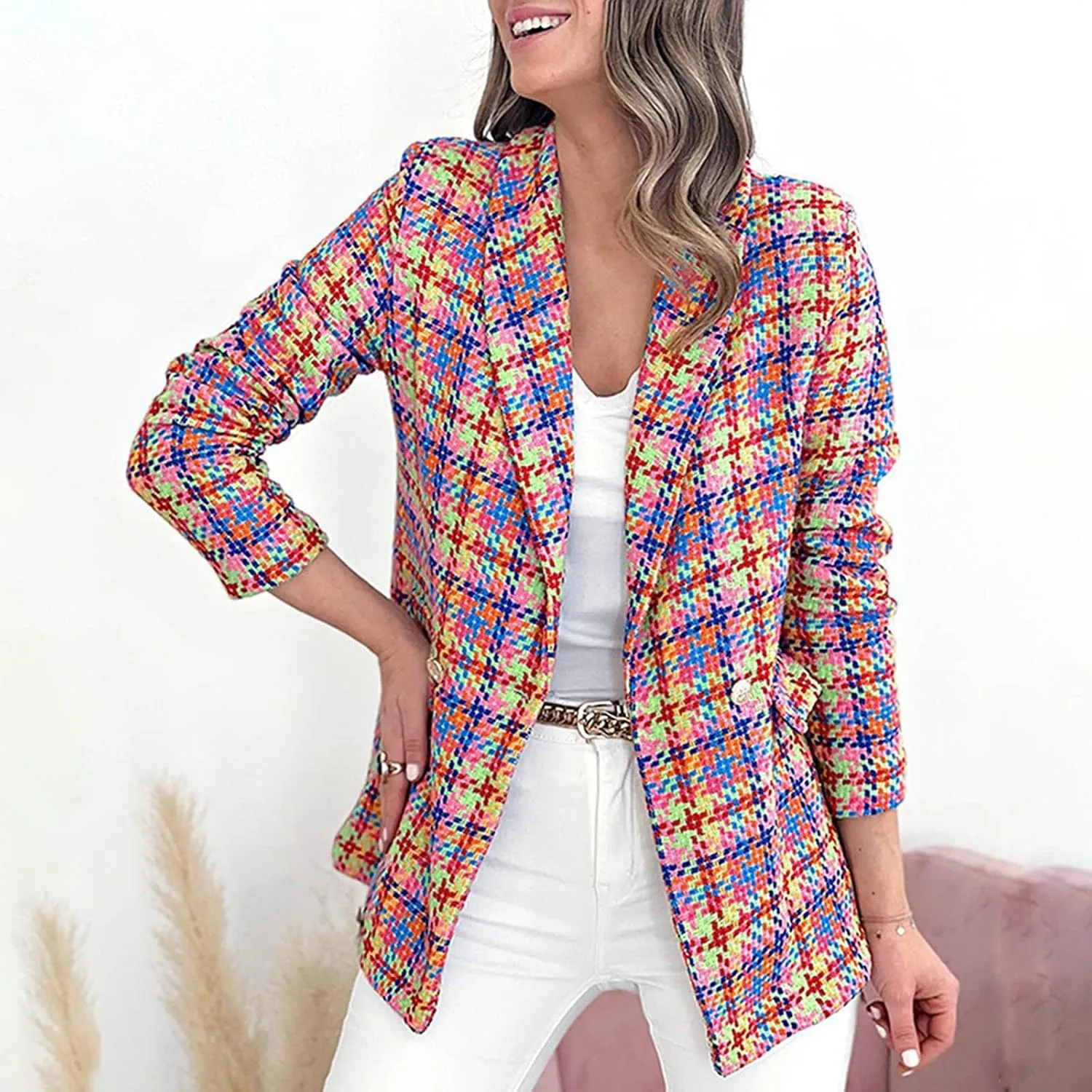 Women Casual Blazer Jacket Twill Plaid Blazers Long Sleeve Double Breasted Open Front Colorful Office Work Clothes