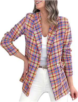 Women Casual Blazer Jacket Twill Plaid Blazers Long Sleeve Double Breasted Open Front Colorful Office Work Clothes