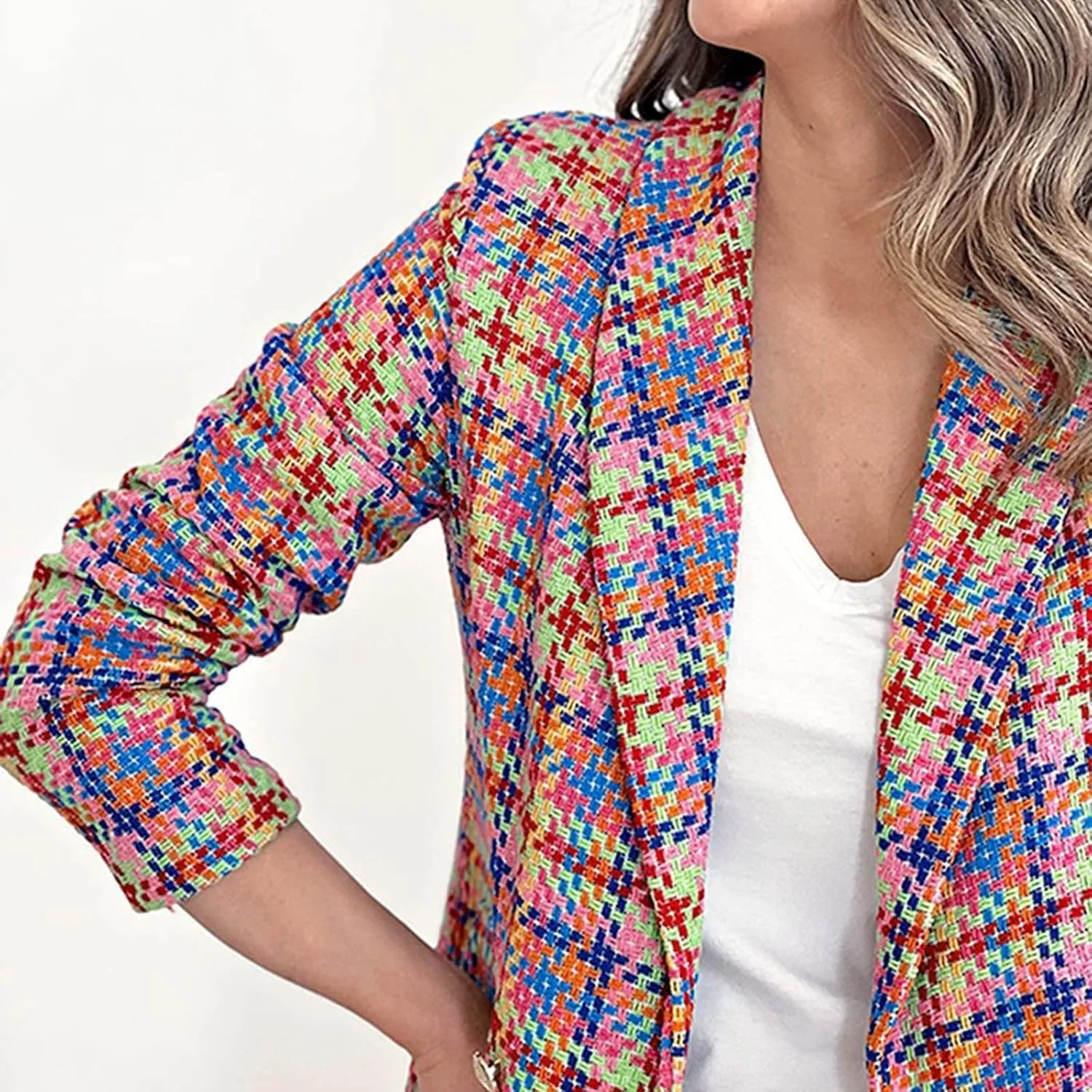 Women Casual Blazer Jacket Twill Plaid Blazers Long Sleeve Double Breasted Open Front Colorful Office Work Clothes