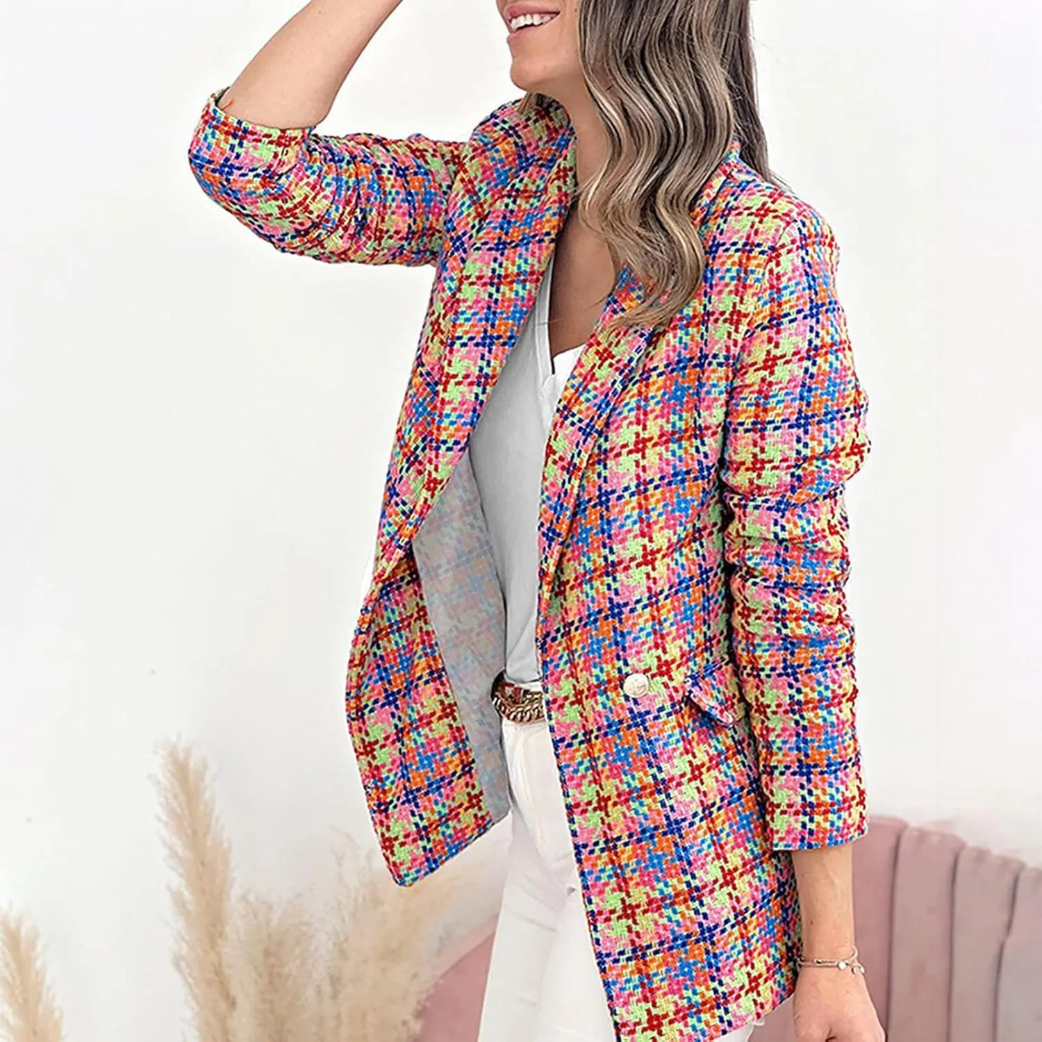 Women Casual Blazer Jacket Twill Plaid Blazers Long Sleeve Double Breasted Open Front Colorful Office Work Clothes