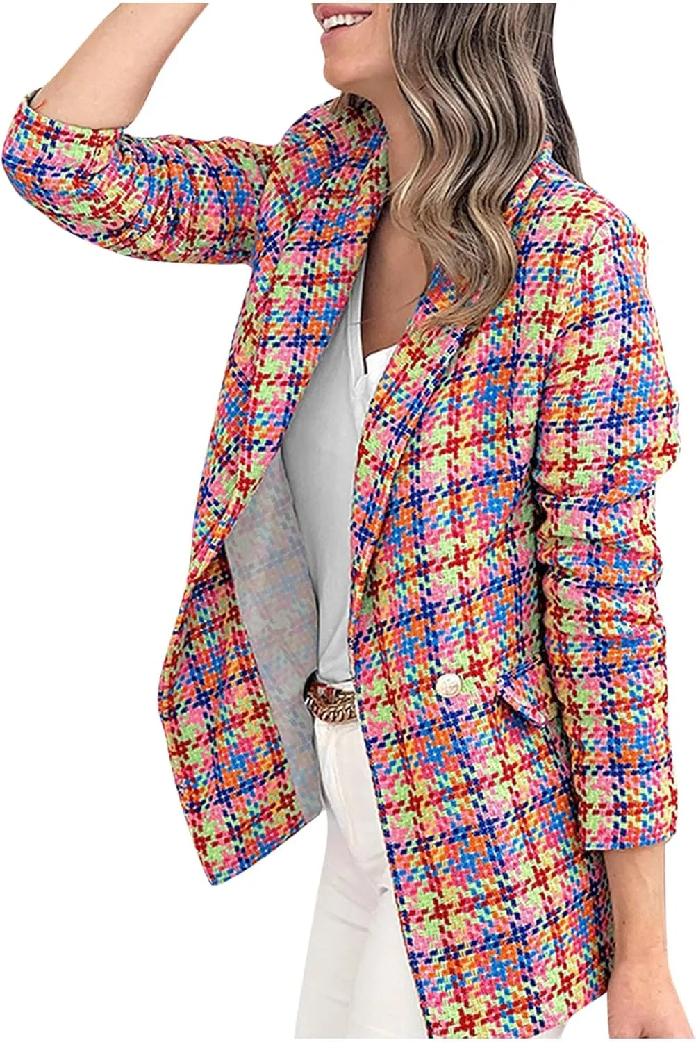 Women Casual Blazer Jacket Twill Plaid Blazers Long Sleeve Double Breasted Open Front Colorful Office Work Clothes